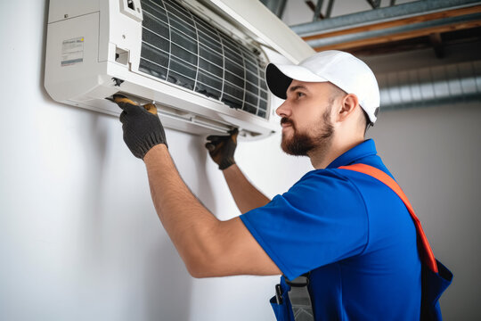 Air conditioning technician servicing a wall-mounted AC unit in Prescott, AZ
