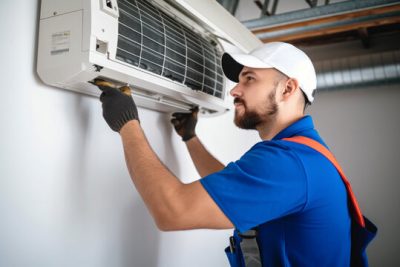 360_F_621046421_Vcay4nYa8ozdeodOQVDfES6MRrC6N3b8 Air conditioning technician servicing a wall-mounted AC unit in Prescott, AZ