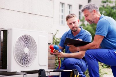 ac-installation-in-claremont-ca HVAC technicians reviewing an outdoor air conditioning unit in Prescott, AZ